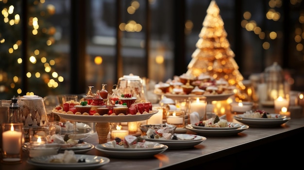 Zdjęcie pyszne obiady bufet stołowe naczynia przekąski desery napoje świętowe dekoracje słodkie jedzenie
