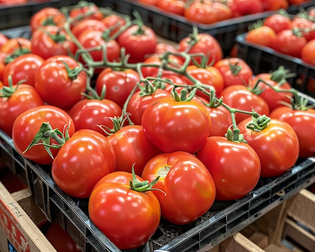 Zdjęcie pyszne organiczne czerwone pomidory na letniej tarczy rynkowej dla rolnictwa