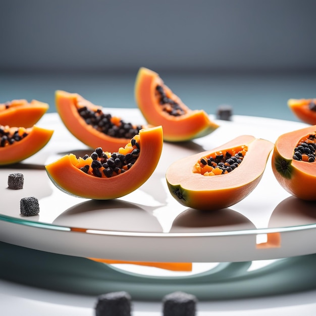 pyszne owoce papaji pocięte na małe kostki na szklanej płytce izolowanej na białym tle papierowym