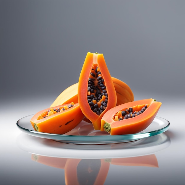 pyszne owoce papaji pocięte na małe kostki na szklanej płytce izolowanej na białym tle papierowym