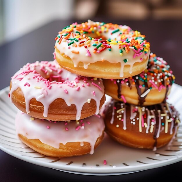 Pyszne pączki w wielobarwnej glazurze z bliska na białym talerzu