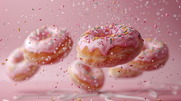 Pyszne pączki z różowym frustem i posypkami na różowym tle