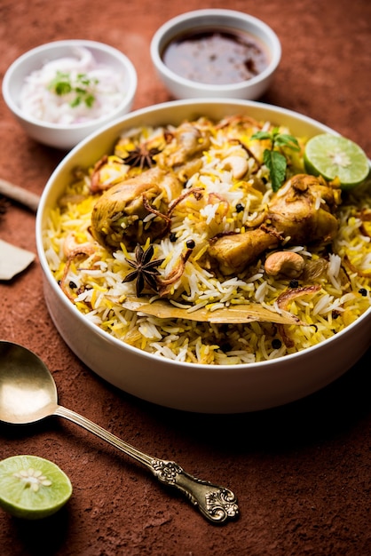 Pyszne pikantne biryani z kurczaka w misce na nastrojowym tle, to popularne indyjskie i pakistańskie jedzenie