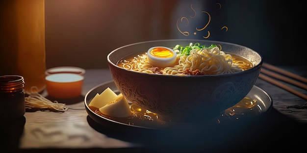 Pyszne Ramen na ciemnym tle restauracji tło