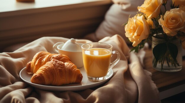 Pyszne śniadanie z croissantami, sokem pomarańczowym i różami.