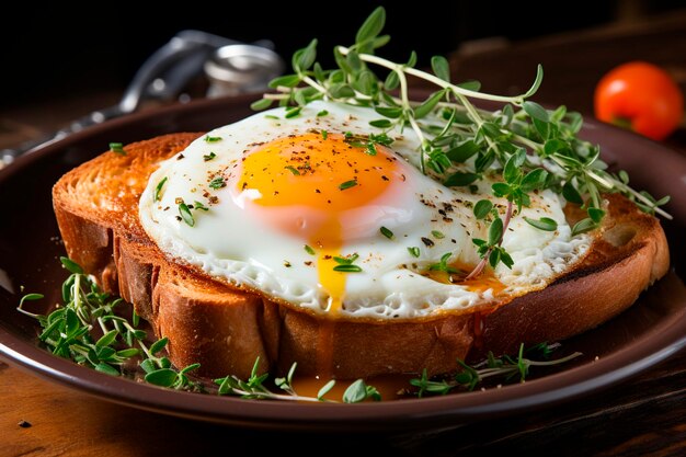 Pyszne śniadanie z smażonymi jajkami, chlebem i toastem.