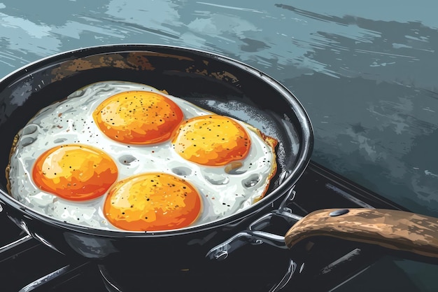 Pyszne śniadanie Zbliżenie zdrowego smażonego jajka z cholesterolem i białkiem gotowanego w rusztycznej czarnej patelni na kuchennym tle