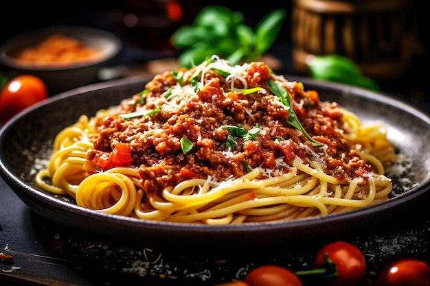 Pyszne spaghetti Bolognese włoska specjalność podawana na talerzu