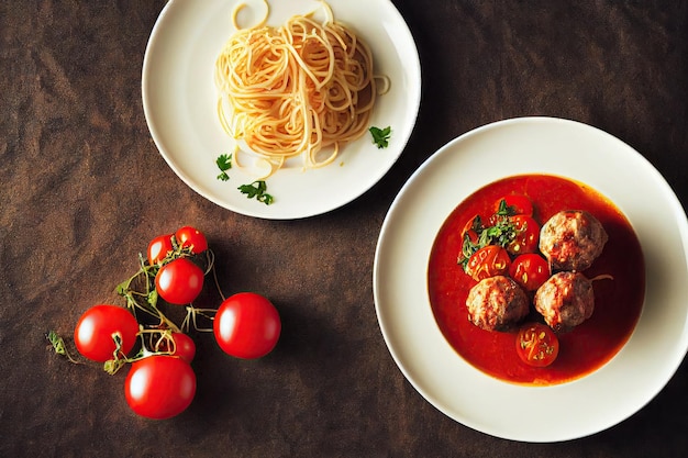 Pyszne spaghetti i klopsiki w jasnym i aromatycznym sosie pomidorowym na ciemnym tle