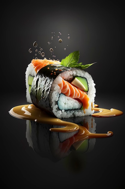 Pyszne sushi na wystawie z restauracyjnym tłem i profesjonalnym oświetleniem AIGenerated