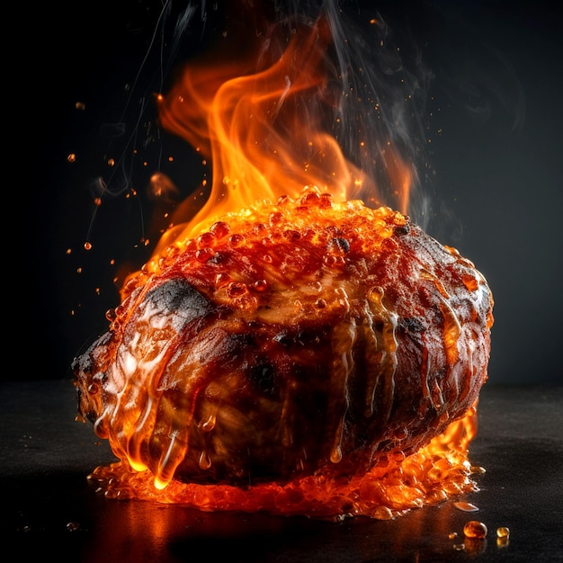 Pyszne świeże mięso przygotowane w ogniu w ciemności