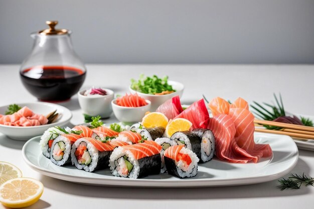 Pyszne świeże owoce morza z sushi, sashimi i wasabi przez Generative AI