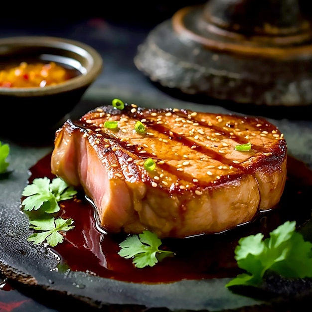 Pyszne świeże steki z tuńczyka marynowane w glazurze sojowo-miodowej z grilla