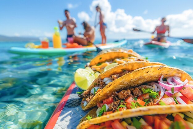 Pyszne taco rozłożone na desce SUP meksykańskie jedzenie na obiad na plaży