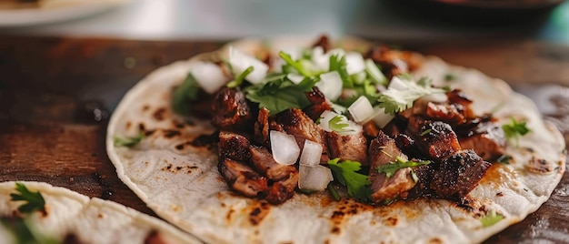 Pyszne taco z grillowanym mięsem, posiekaną cebulą i świeżą kolendrą na wiejskiej powierzchni