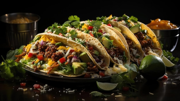 Pyszne tacos wypełnione warzywami i mięsem na talerzu z rozmytym tłem