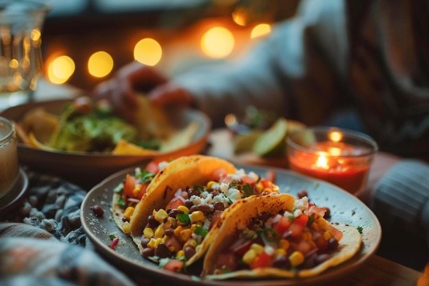 Zdjęcie pyszne tradycyjne meksykańskie taco w przytulnym domu gotowe do kolacji