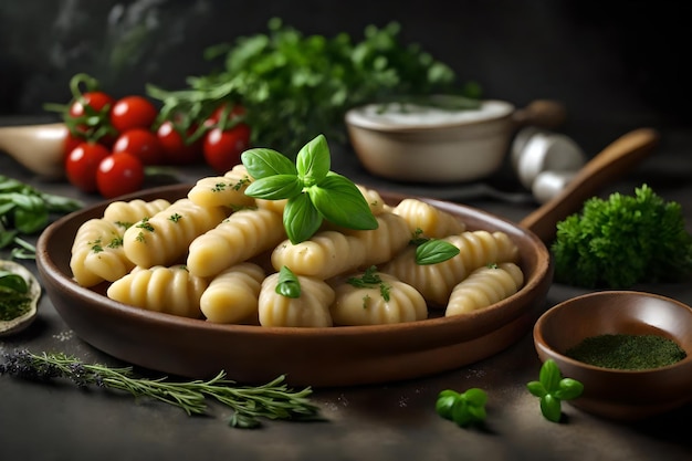 Pyszne włoskie knedle ziemniaczane zwane gnocchi znajdują się na starym blacie kuchennym z smacznymi ziołami rozrzuconymi w pobliżu.