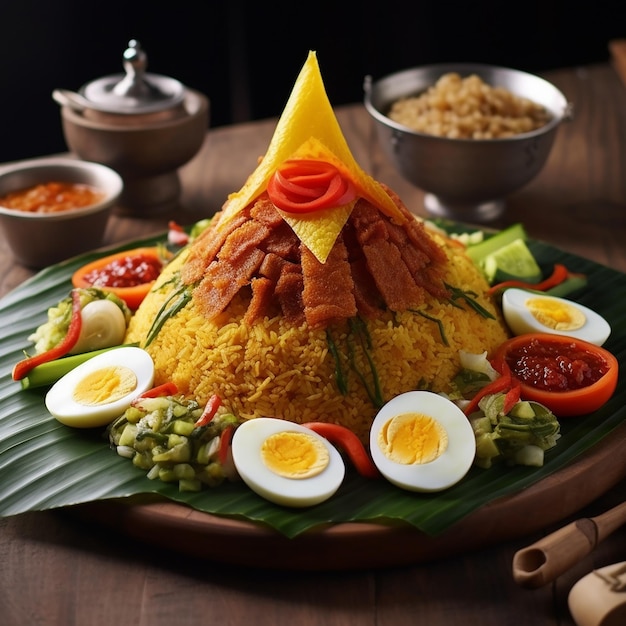 Pyszne, wyjątkowe, tradycyjne jedzenie Nasi Kuning Tumpeng z Indonezji na ceremonię