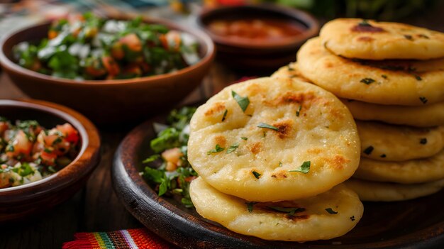 Zdjęcie pyszne złote sery arepas podawane z świeżą sałatką