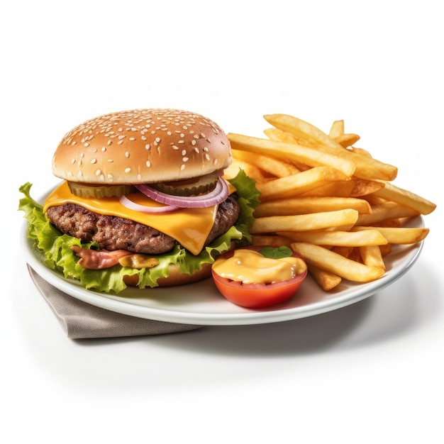 Pyszny amerykański cheeseburger z frytkami na talerzu Generacyjna sztuczna inteligencja