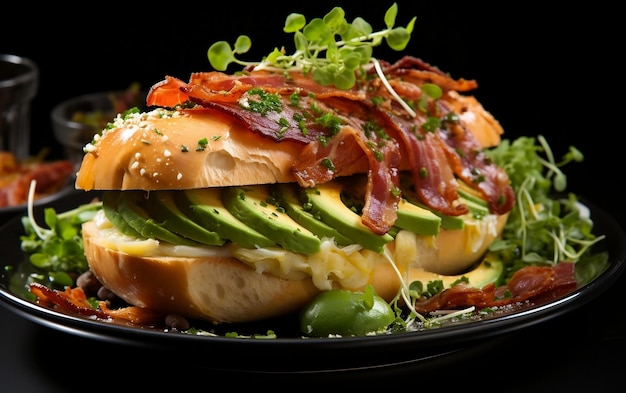 Pyszny Bagel Delight Bacon Avocado i Zielona Sałatka na talerzu Generatywna sztuczna inteligencja