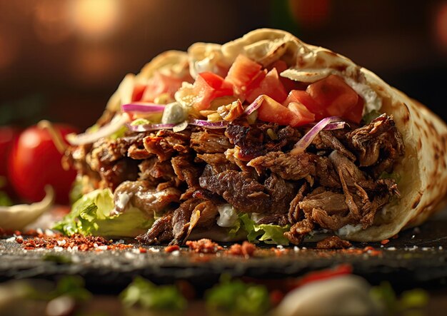 Pyszny bliskowschodni kebab donerowy z grillowanym mięsem i świeżymi warzywami Autentyczny turecki Stre