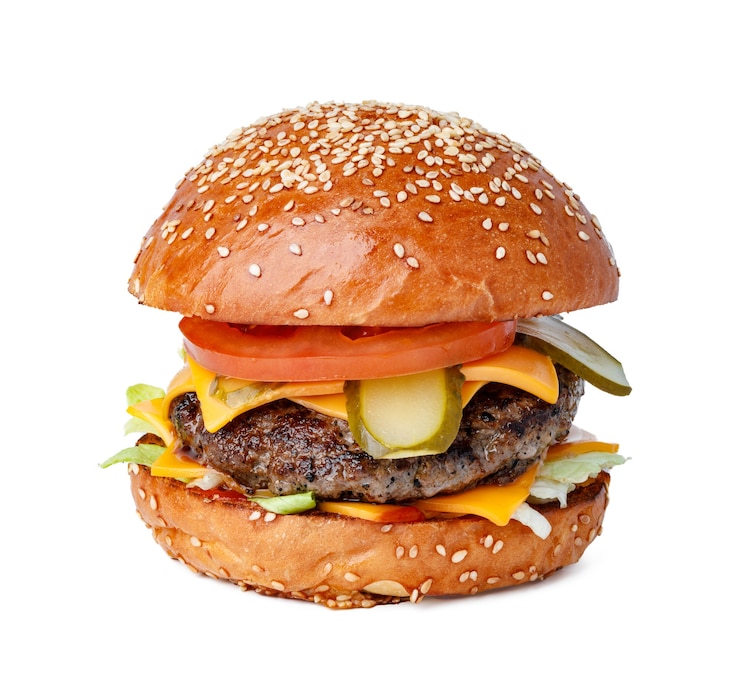 Zdjęcie pyszny burger świeży na białym tle z bliska