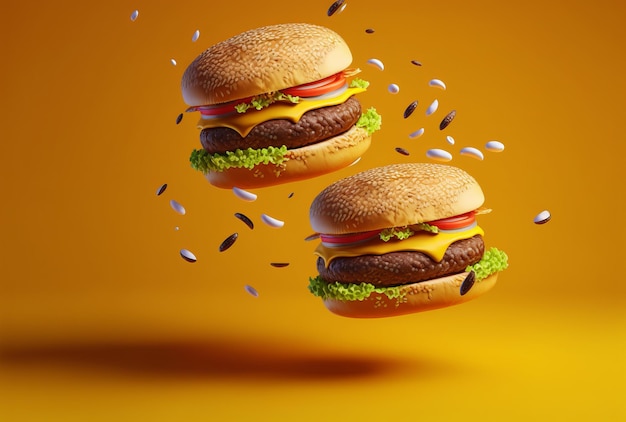 Pyszny burger typu fast food latający na żółtym tle generatywnej AI