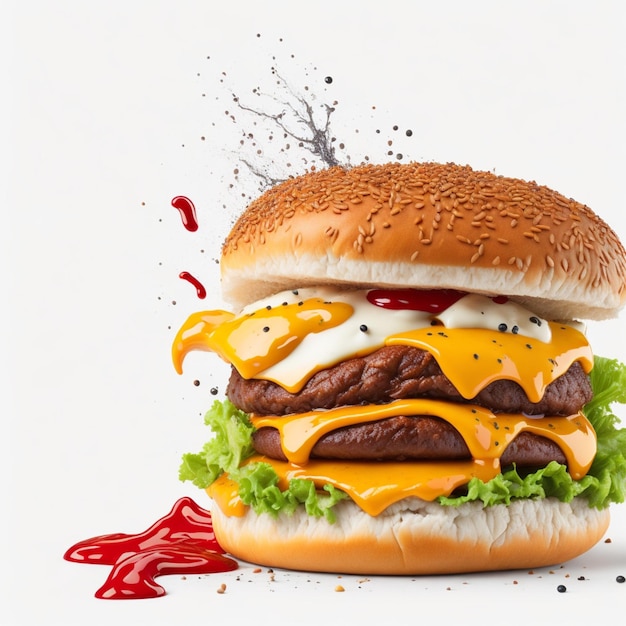 Pyszny burger z mieszanką składników izolowanych na białym tle AIGenerated