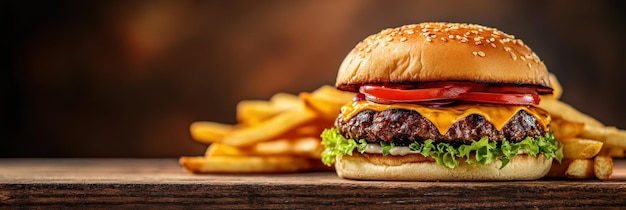 Pyszny cheeseburger z świeżymi warzywami i chrupiącymi frytkami na wiejskim drewnianym stole