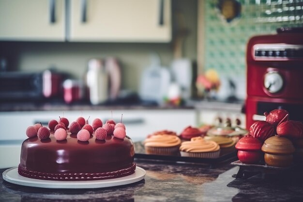 Pyszny ciasto czekoladowe na kuchennym stole.