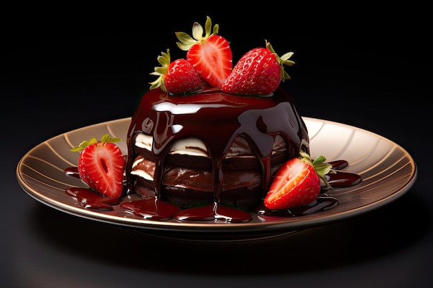 Pyszny ciasto czekoladowe z świeżymi truskawkami na pięknie przedstawionym talerzu