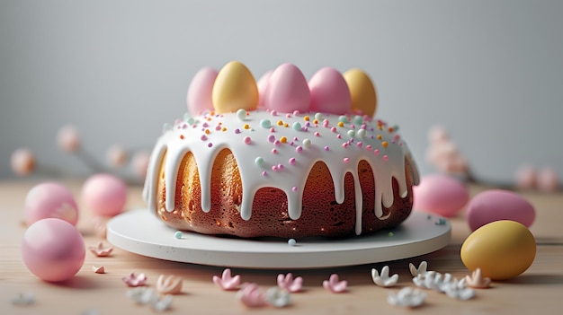 Pyszny ciasto wielkanocne z glazurą i posypkami otoczone pastelowymi jajkami idealne do świątecznych uroczystości świąteczny deser na stole AI