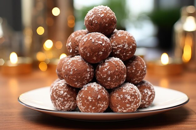 Pyszny czekoladowy laddu podany w talerzu na słodko indyjskim