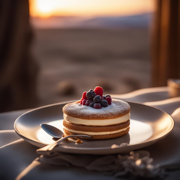 Zdjęcie pyszny deser na białym talerzu z filiżanką kawy i ciastem pyszny deser w whi