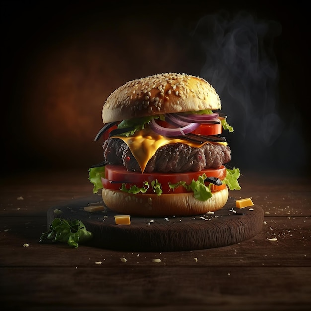 Pyszny grillowany burger wołowy Angus z serem i warzywami Generative AI