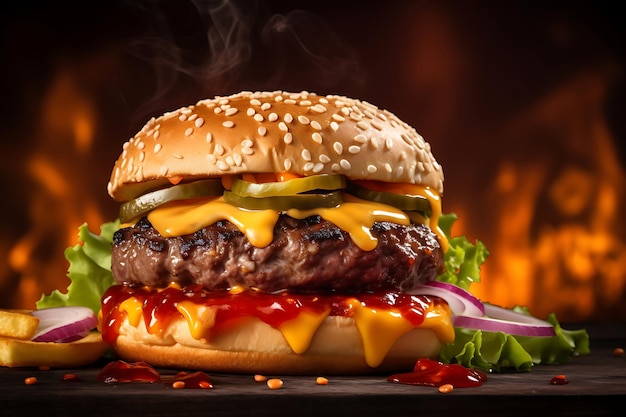 Pyszny grillowany cheeseburger z sałatką na tle studia