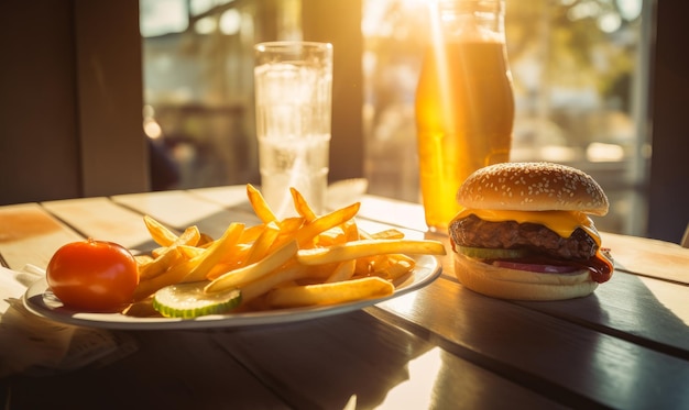 Pyszny hamburger i chrupiące frytki na stole talerz frytków i hamburger na stole