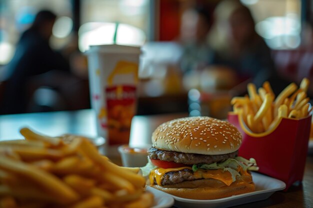 Pyszny hamburger i frytki na stole