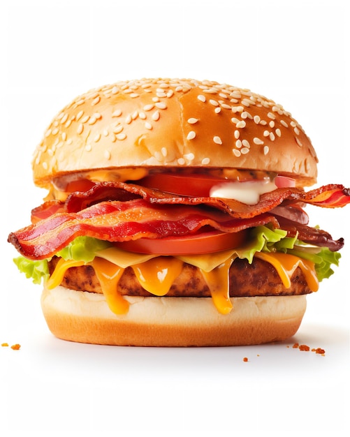 Pyszny hamburger na białym tle kuszący z sosem, ketchupem, pomidorem i sałatką.