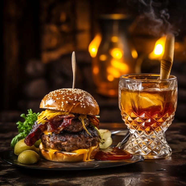 pyszny hamburger z bekonem i żółtym serem w towarzystwie szklanki whisky na