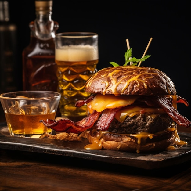 pyszny hamburger z bekonem i żółtym serem w towarzystwie szklanki whisky na