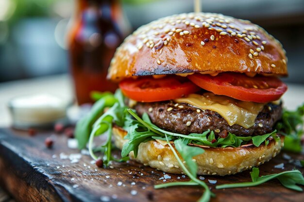 Zdjęcie pyszny hamburger z domem, hamburger z serem pomidorowym, wołowiną i sałatką