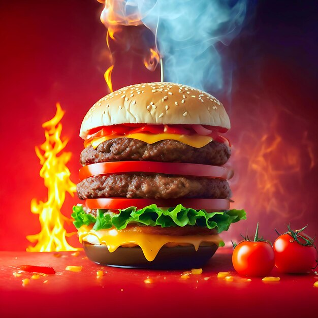 Pyszny hamburger z kurczakiem z ogniem w tle tworzy AI generowane