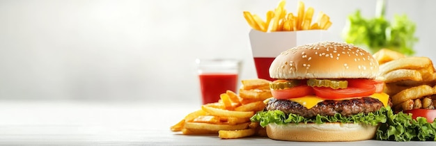 Pyszny hamburger z sałatką serową i pomidorem wraz z chrupiącymi frytkami i odświeżającym napojem idealnym dla pragnienia szybkiego jedzenia