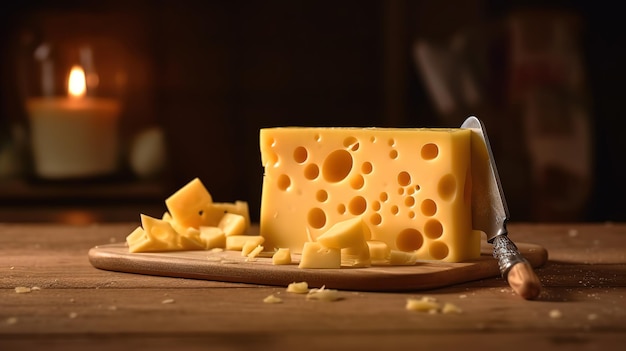 Pyszny holenderski ser gouda z kostkami sera i specjalnym nożem Generative ai