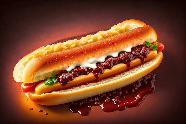 pyszny hot dog w komplecie z sosem i na ciemnym tle