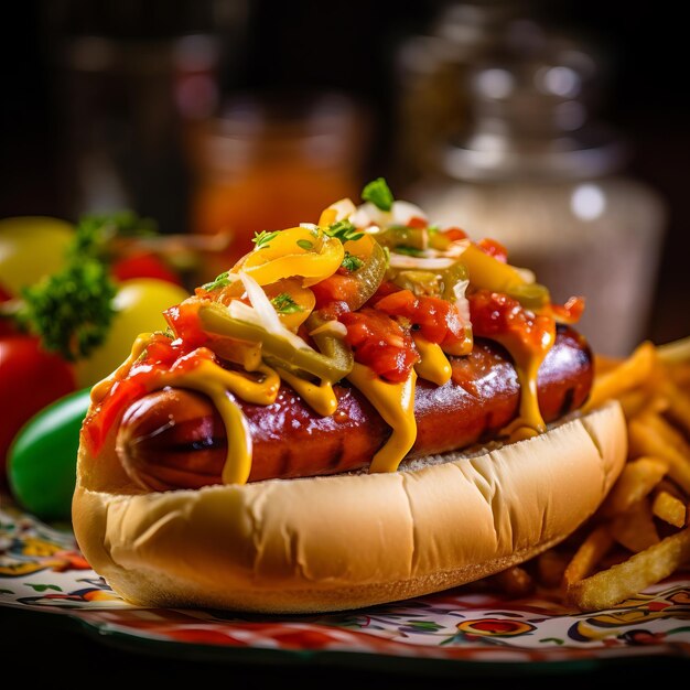 Pyszny hot dog z ketchupem i musztardą.