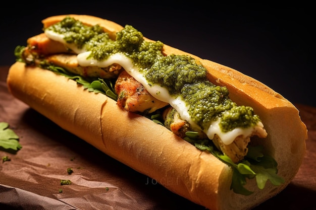 Pyszny hot dog z sosem pesto na ciemnym tle